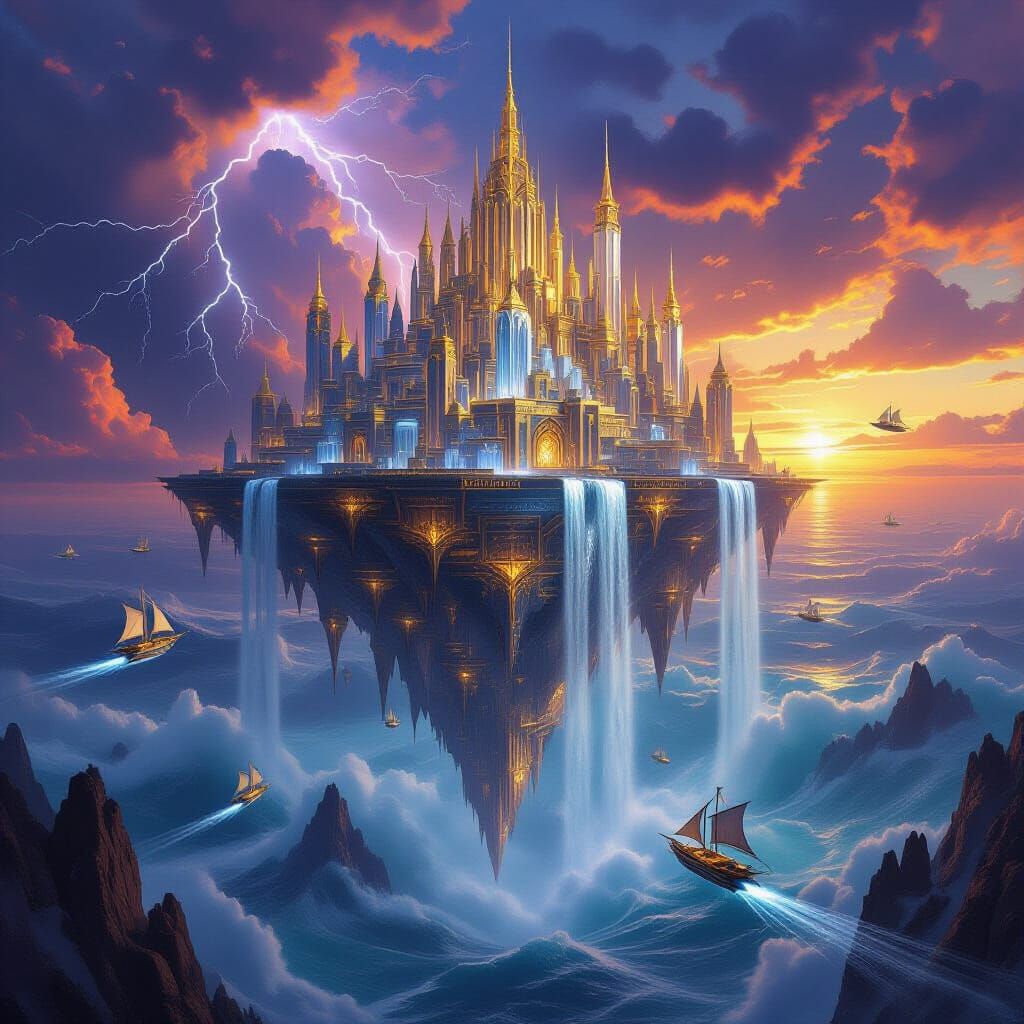 Crystal Gold Floating City Over Stormy Ocean at Sunset