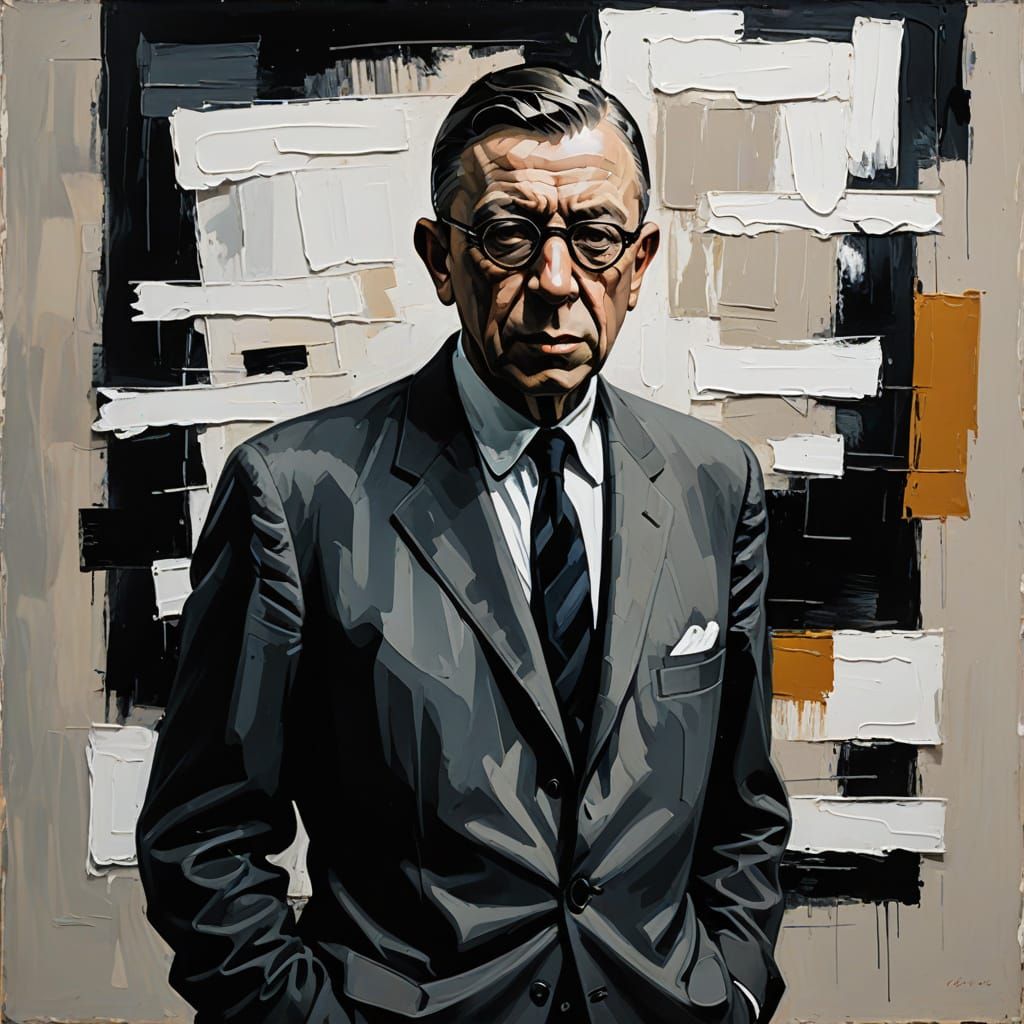 Modernist Portrait of Jean-Paul Sartre in French Artistic St...