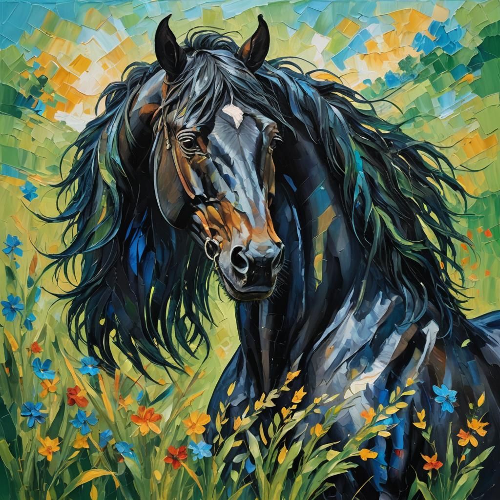 Majestic Black Horse in Expressionist Oil Painting