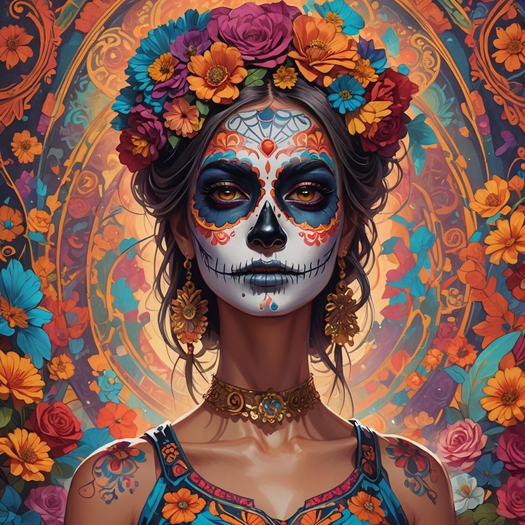 Woman with Día de los Muertos Face Paint, Digital Art