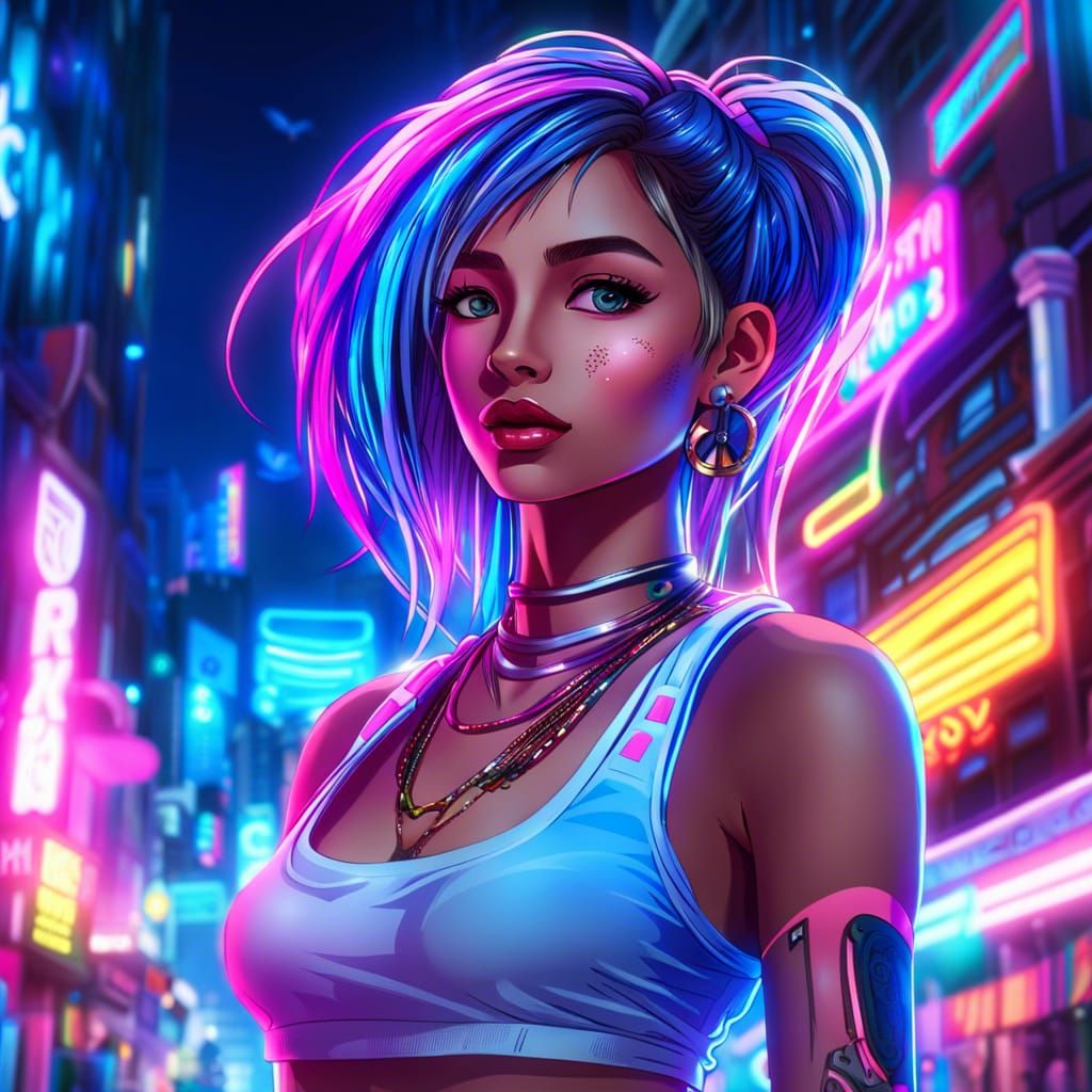 Raver Woman in Neon City: Anime Manga Style