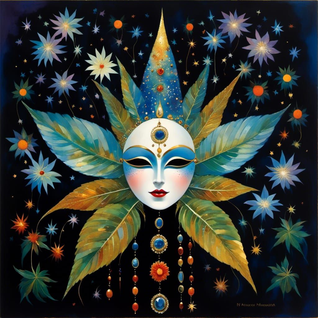Pot Leaf Priestess with Doll Mask and Galactic Sky