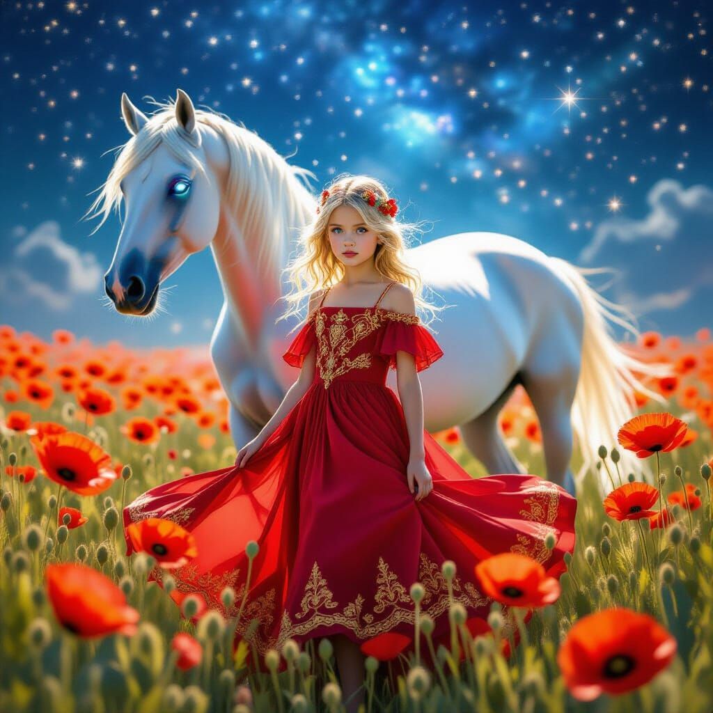 Girl and Horse Amidst Glowing Poppies
