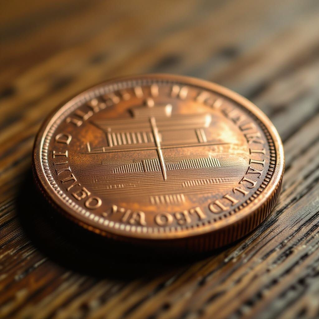 Detailed Macro Photograph of Worn Copper Coin
