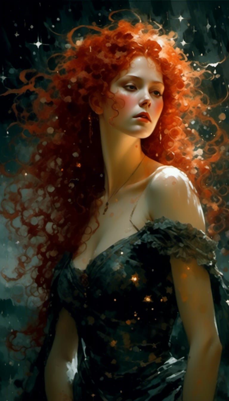 Red-Headed Horned Goddess in Storm, Pre-Raphaelite Style