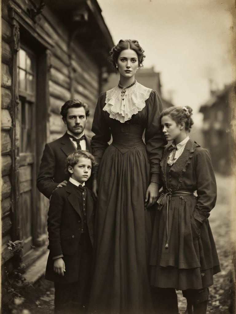 Vintage Portrait of a Towering Woman and Her Family