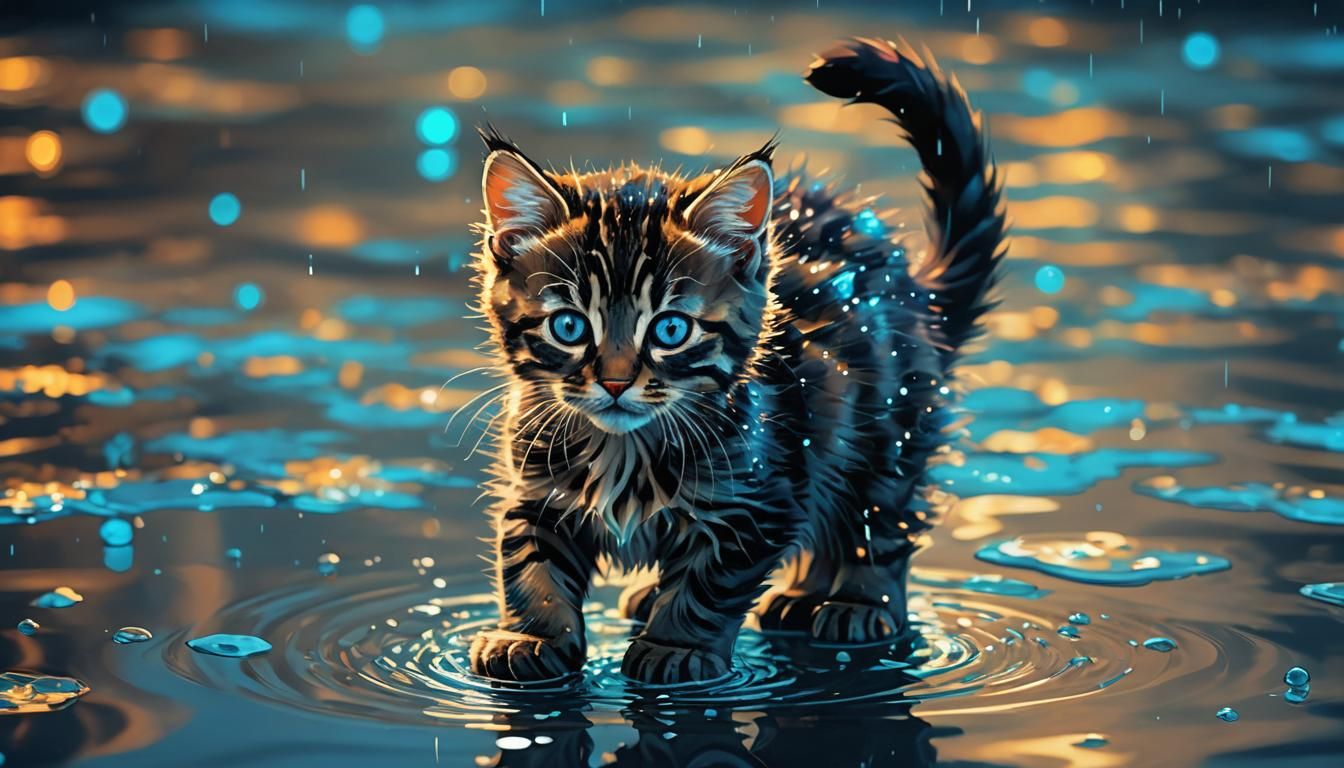 Neon Surrealist Kitten Reflecting: Digital Art
