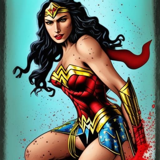 wonder woman wet muddy bloody art portrait card