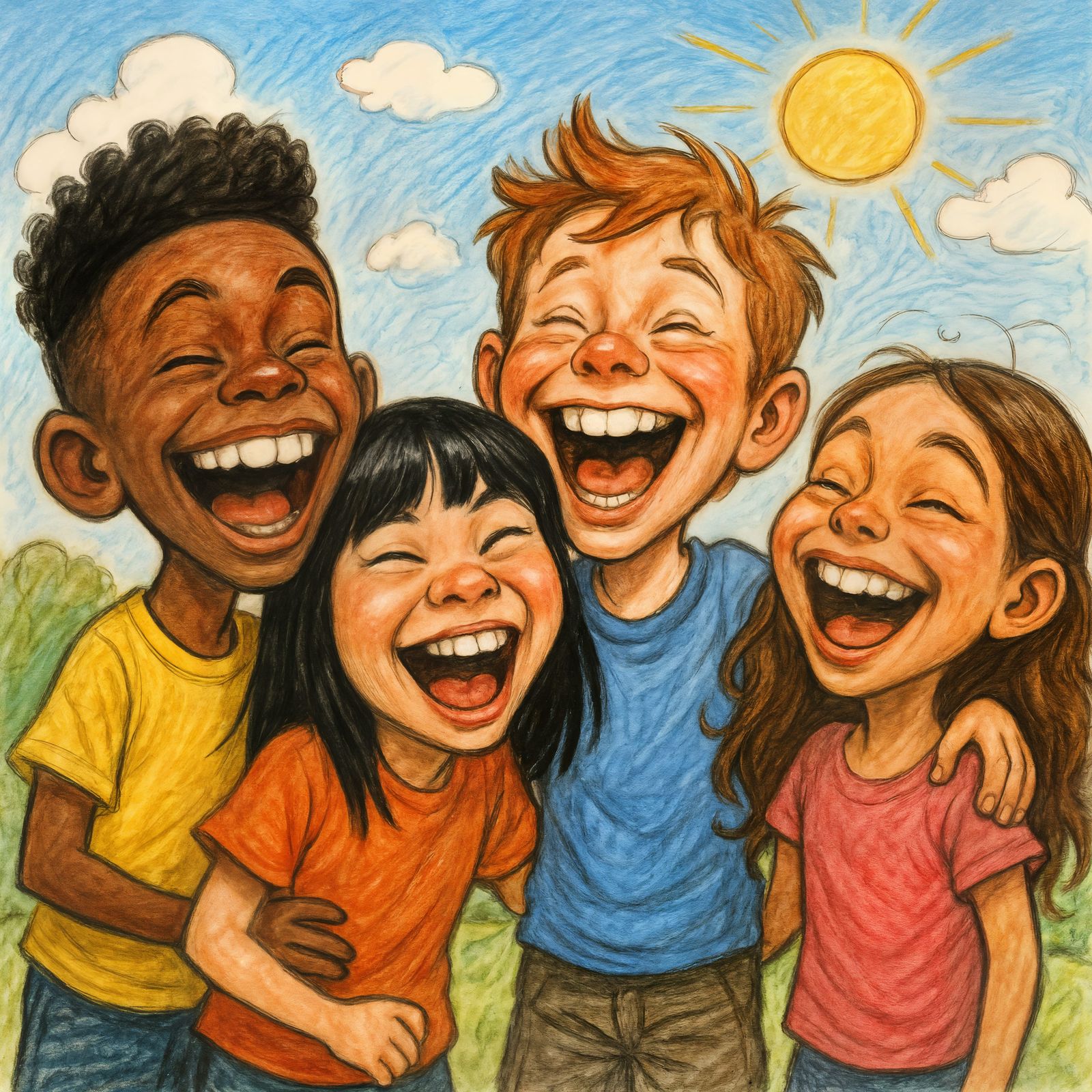 Diverse Caricatures Laughing on a Sunny Day