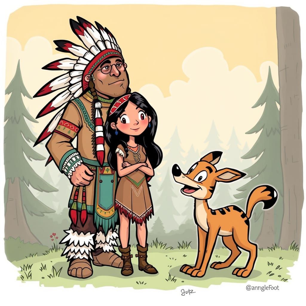 Cartoon Illustration of Indian Chief with Daughter