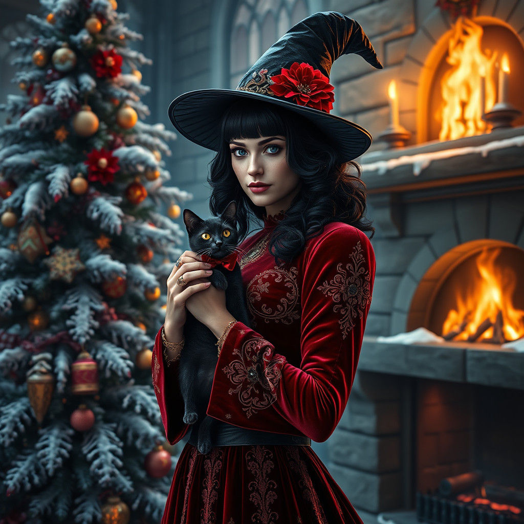 Enchantress with Cat Beside Christmas Tree