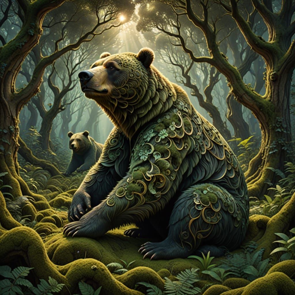 Enchanted Forest with Dancing Fractal Bears