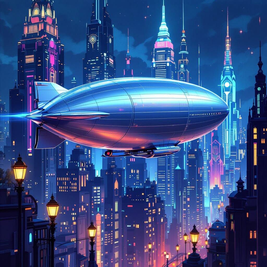 Futuristic Zeppelin Over Art Deco Metropolis