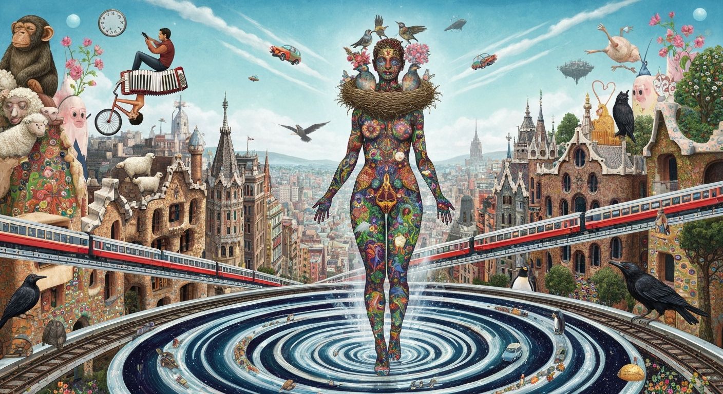 Surreal Floating City with Bioluminescent Figure