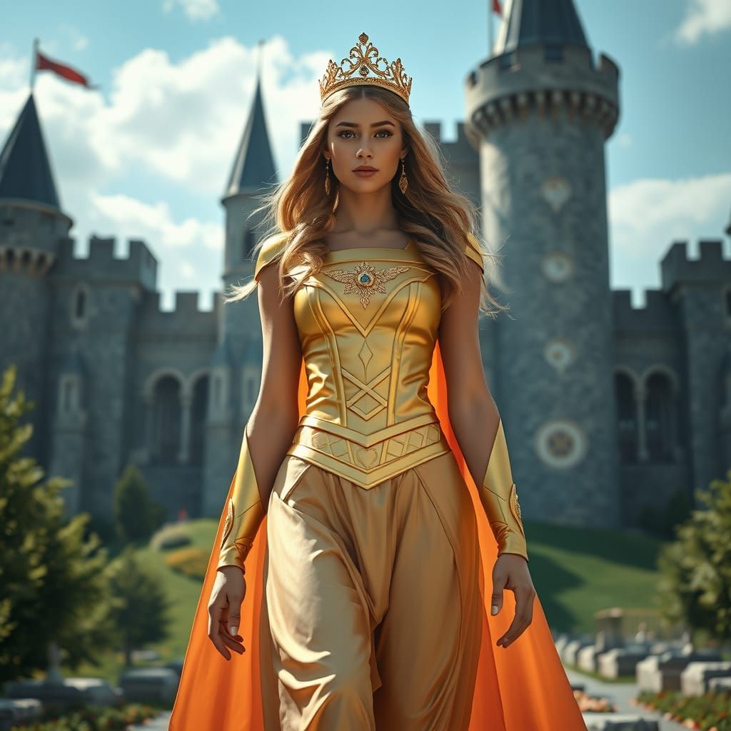 Supergirl in Gold Emerges from Castle in Hyperrealistic Styl...