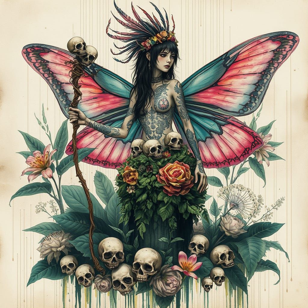 Fantasy Fairy with Skulls in Botanical Double Exposure