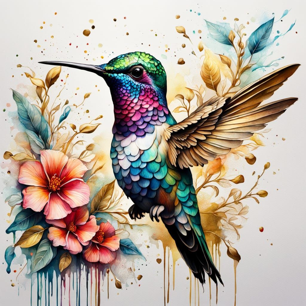 Whimsical Hummingbird in Vibrant Watercolor and Gold Embossi...