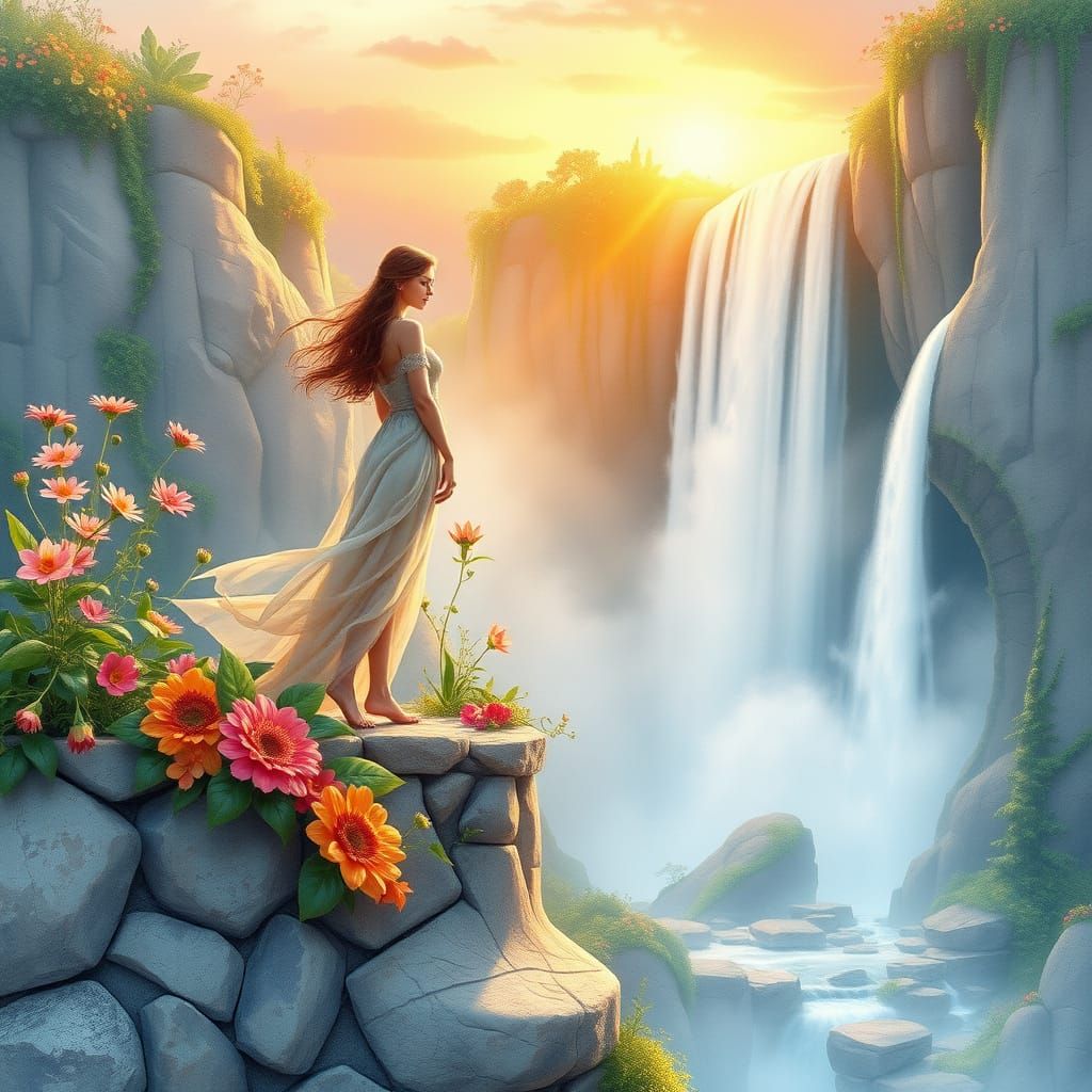 A captivating 3D watercolor illustration of a magical realism landscape on a wall, featuring a stunning sunrise. The for...
