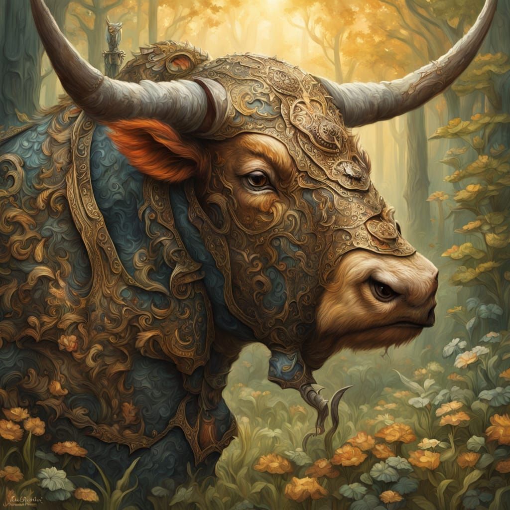 Majestic Bovine Warrior in Pre-Raphaelite Style
