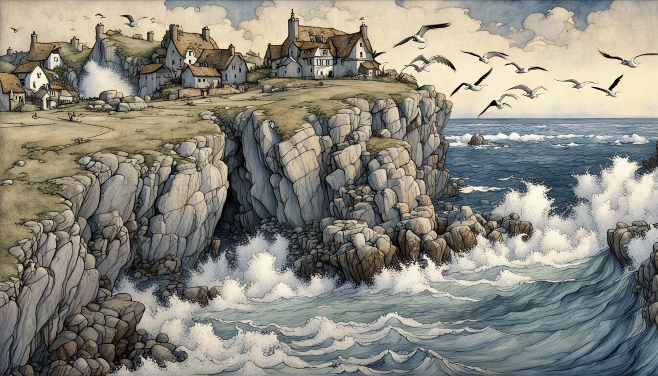 Blue Cliffside Village with Crashing Waves, Rackham Style