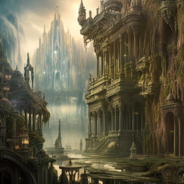 Futuristic Cityscape with Floating Gardens and Waterways