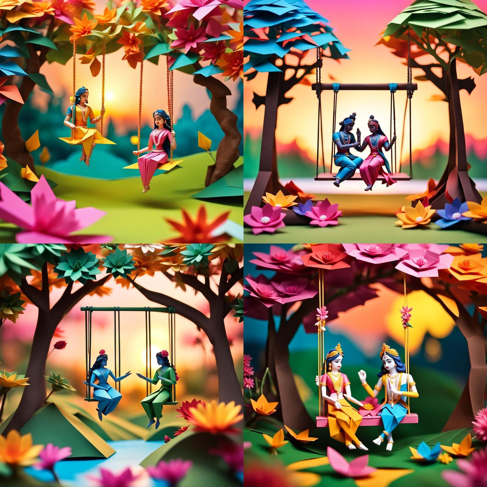 Radha Krishna on swing in full of colourfull flowers forest near the river at sun set time