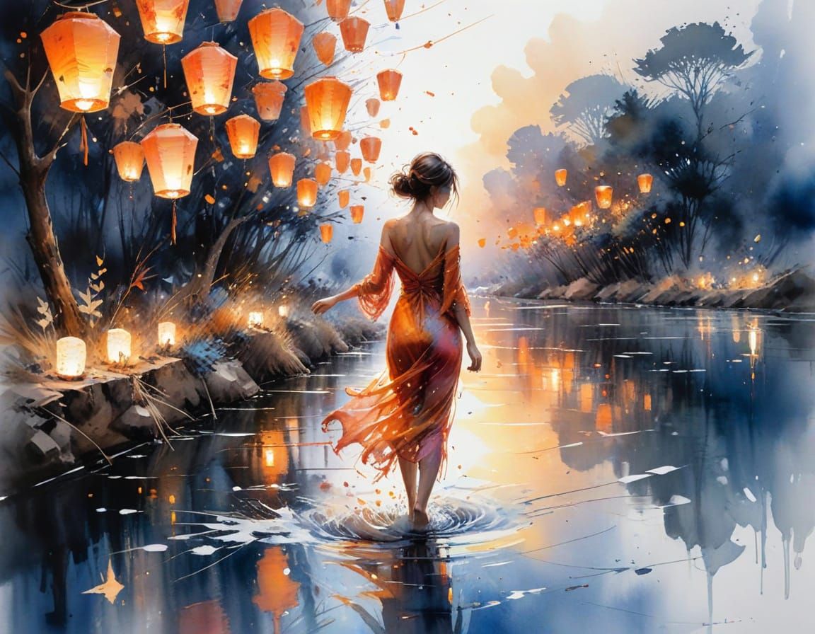 Watercolor Lantern Festival at Dusk with Luminous Light