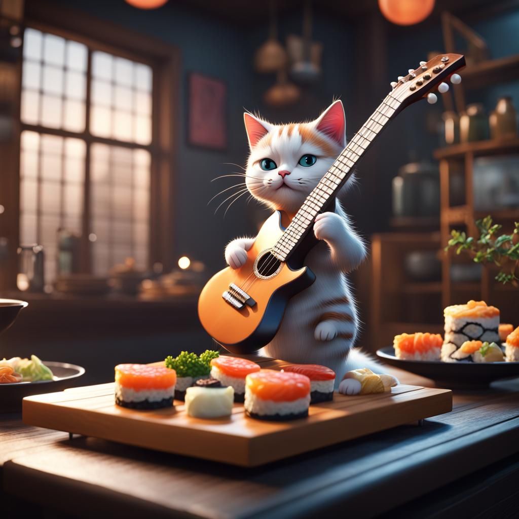 Cute Cat Plays Guitar on Sushi: Fantasy Art
