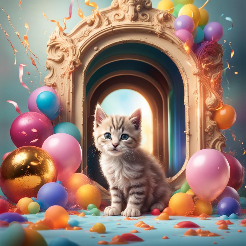 Hyperrealistic Kitten Celebrates Birthday with Sign