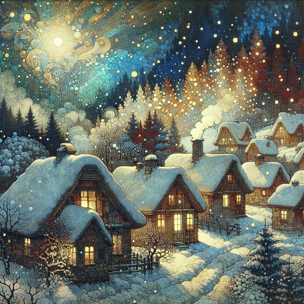 Whimsical Village Under Snowy Night Sky