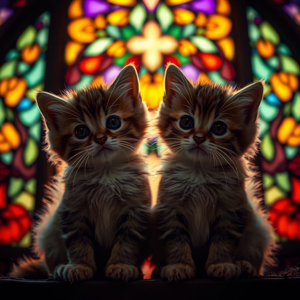 Kittens Gaze at Halloween Stained Glass Window