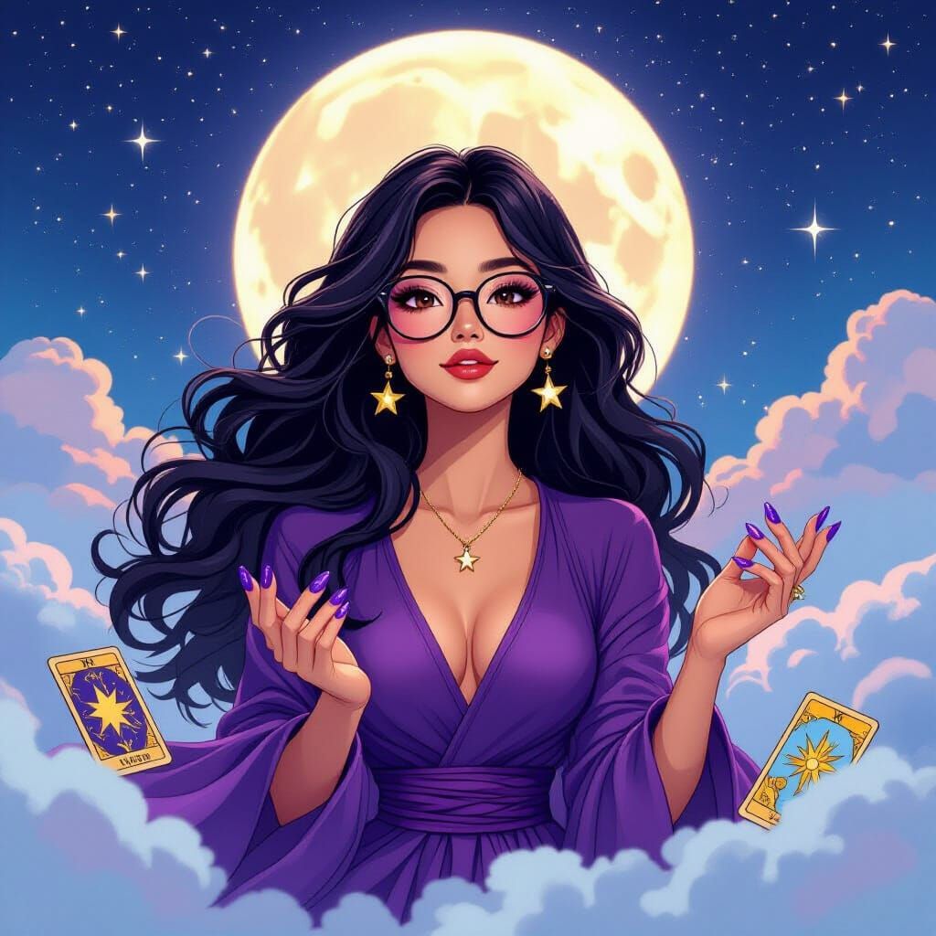 Moon Goddess Levitating in Starry Sky, Whimsical Style