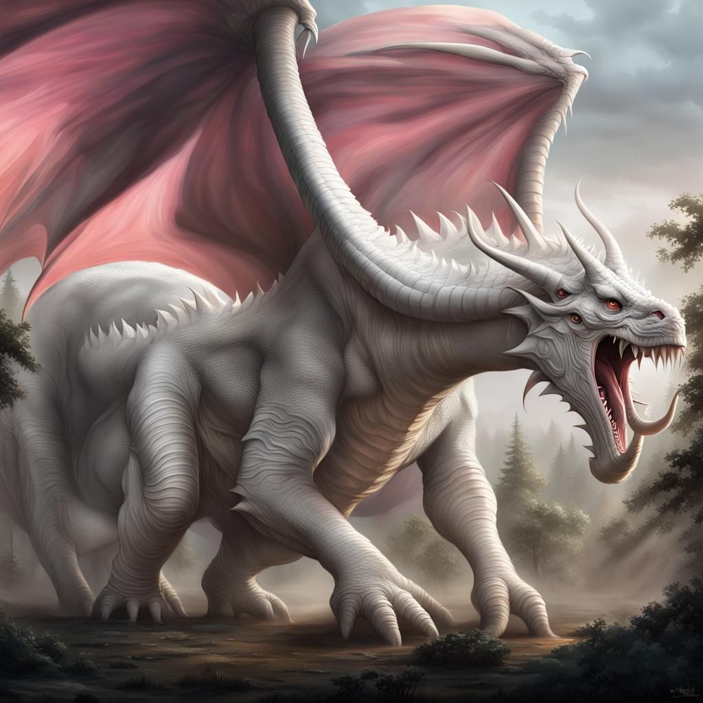Massive White Dragon with Tusks: Digital Matte Painting