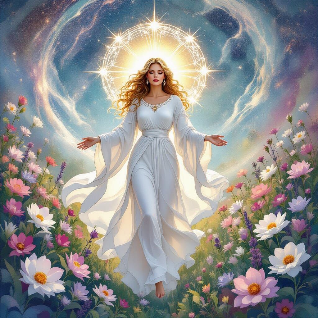 Ethereal Madonna in Celestial Star Garden: Watercolor
