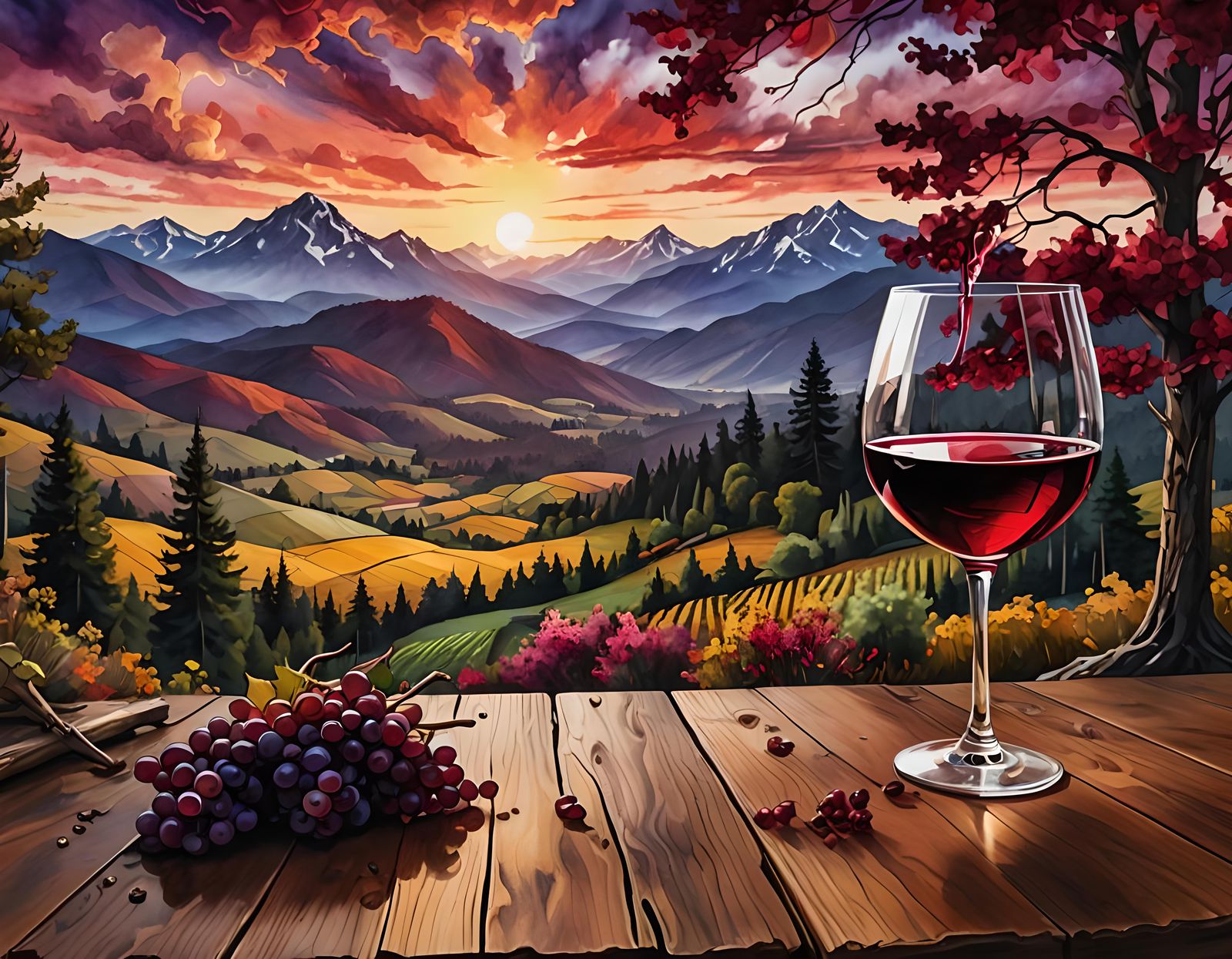 Alcohol Ink Wine Glass at Sunset Landscape