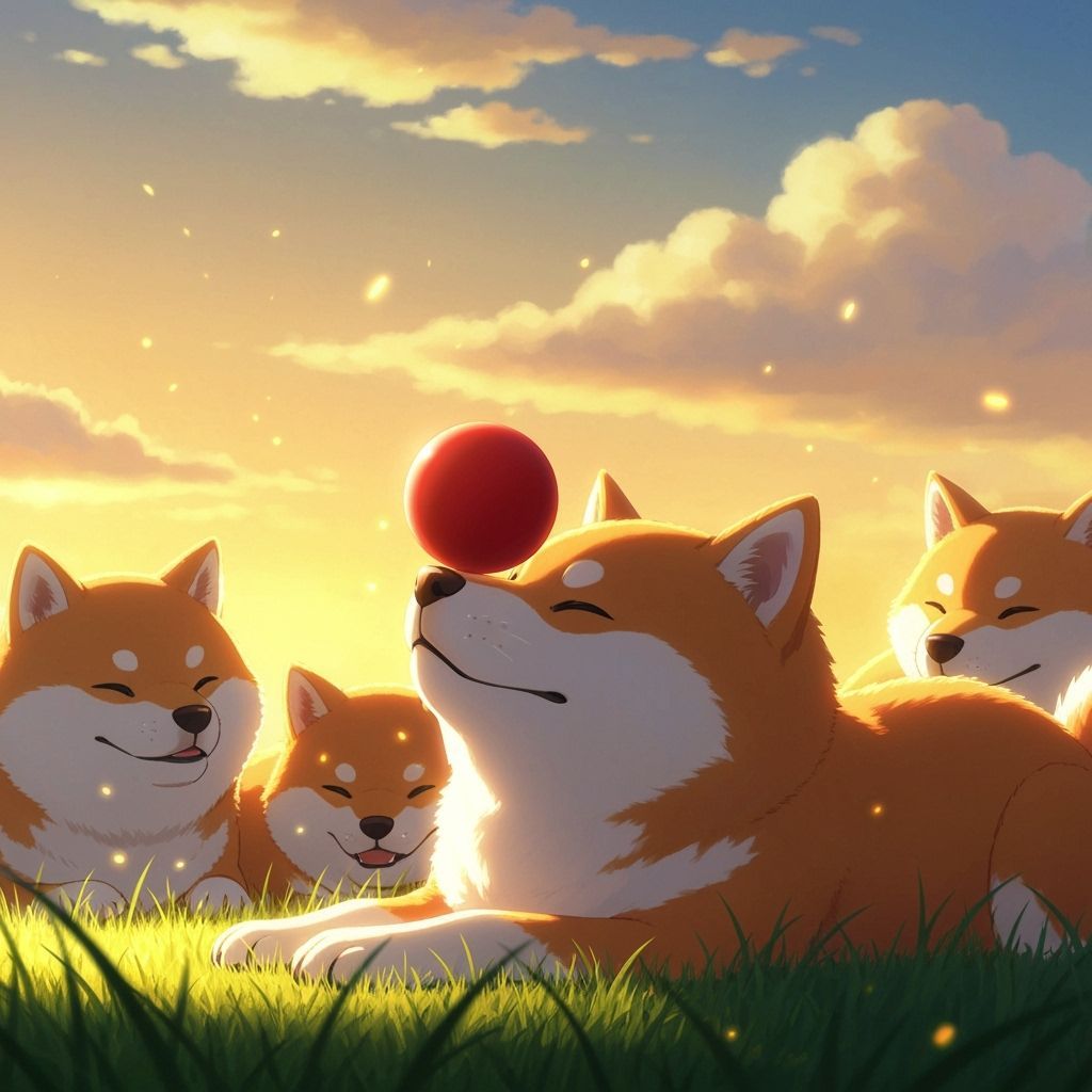 Fluffy Shiba Inus Play with Red Ball at Sunset