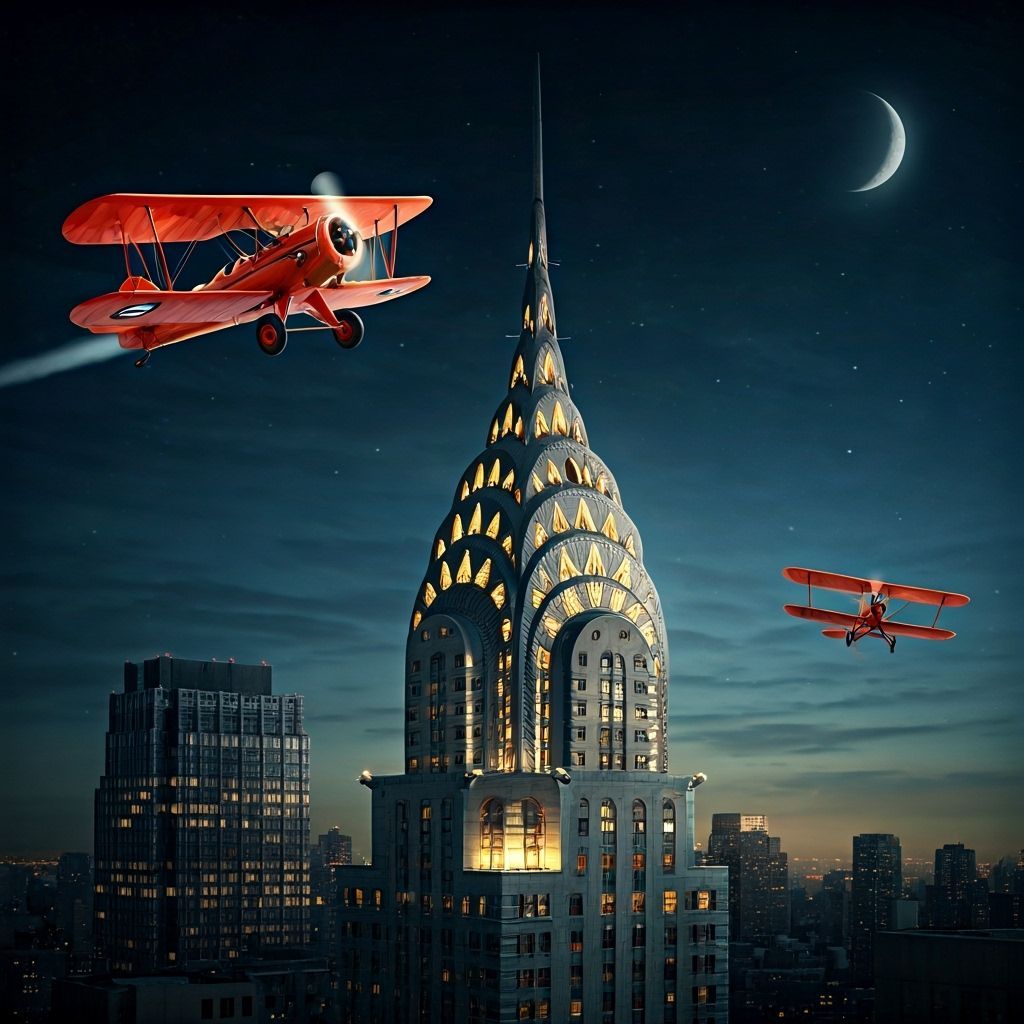 Chrysler Building at Night with Biplanes in Art Deco Style