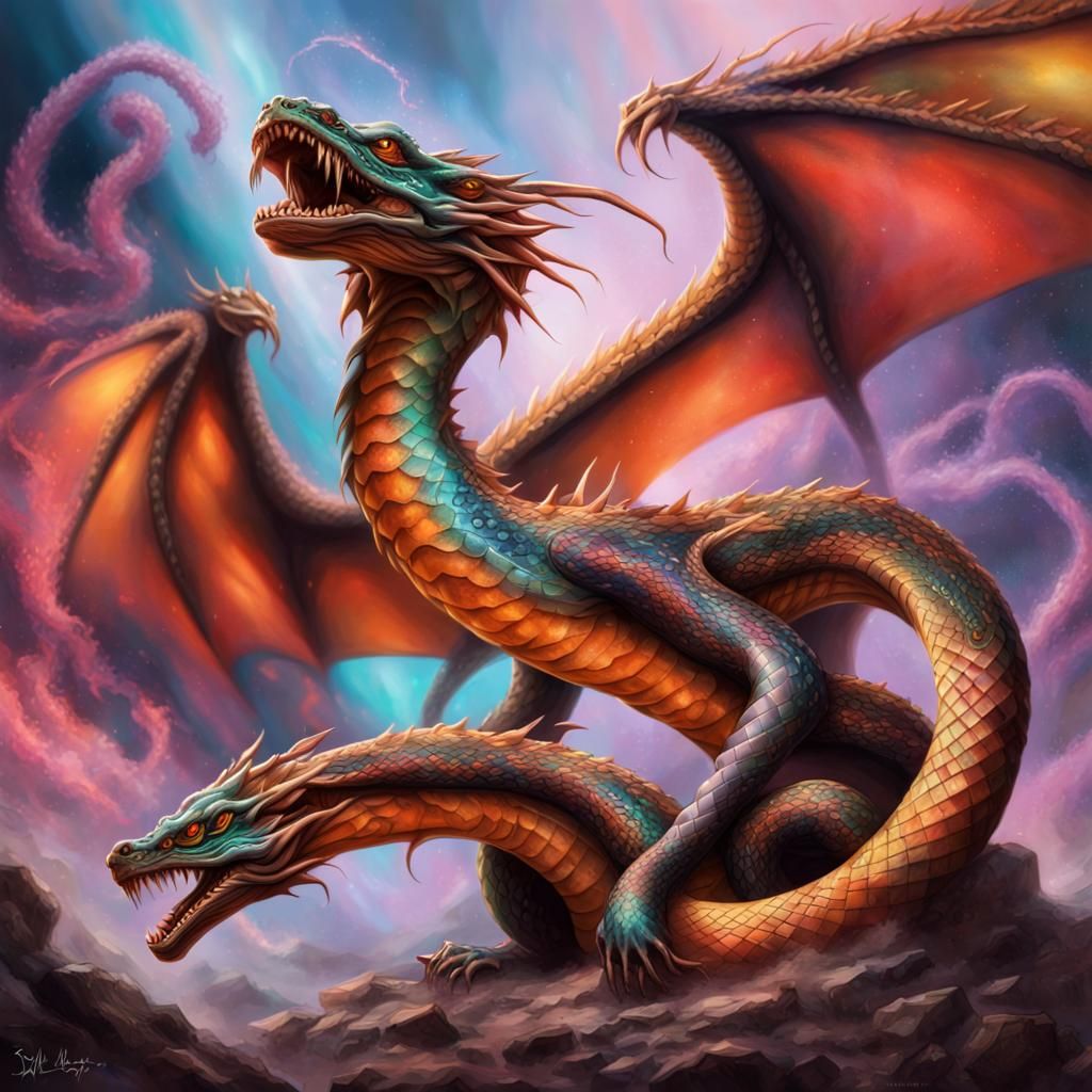 Two-Headed Dragon Snake with Alien Tattoos