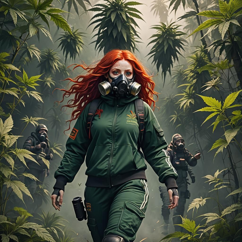 Curvy Redhead in Gas Mask Surrounded by Cannabis