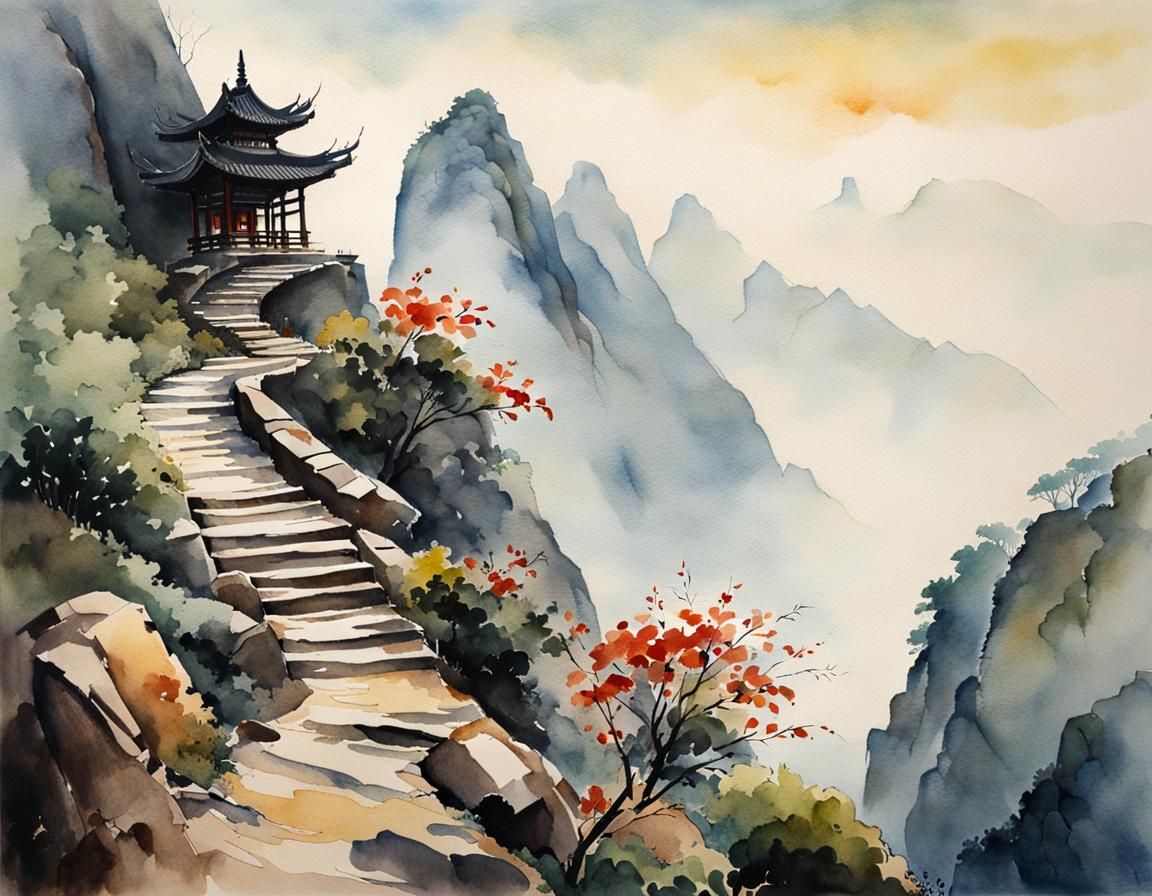 Misty Path to Asian Altar: Watercolor Painting
