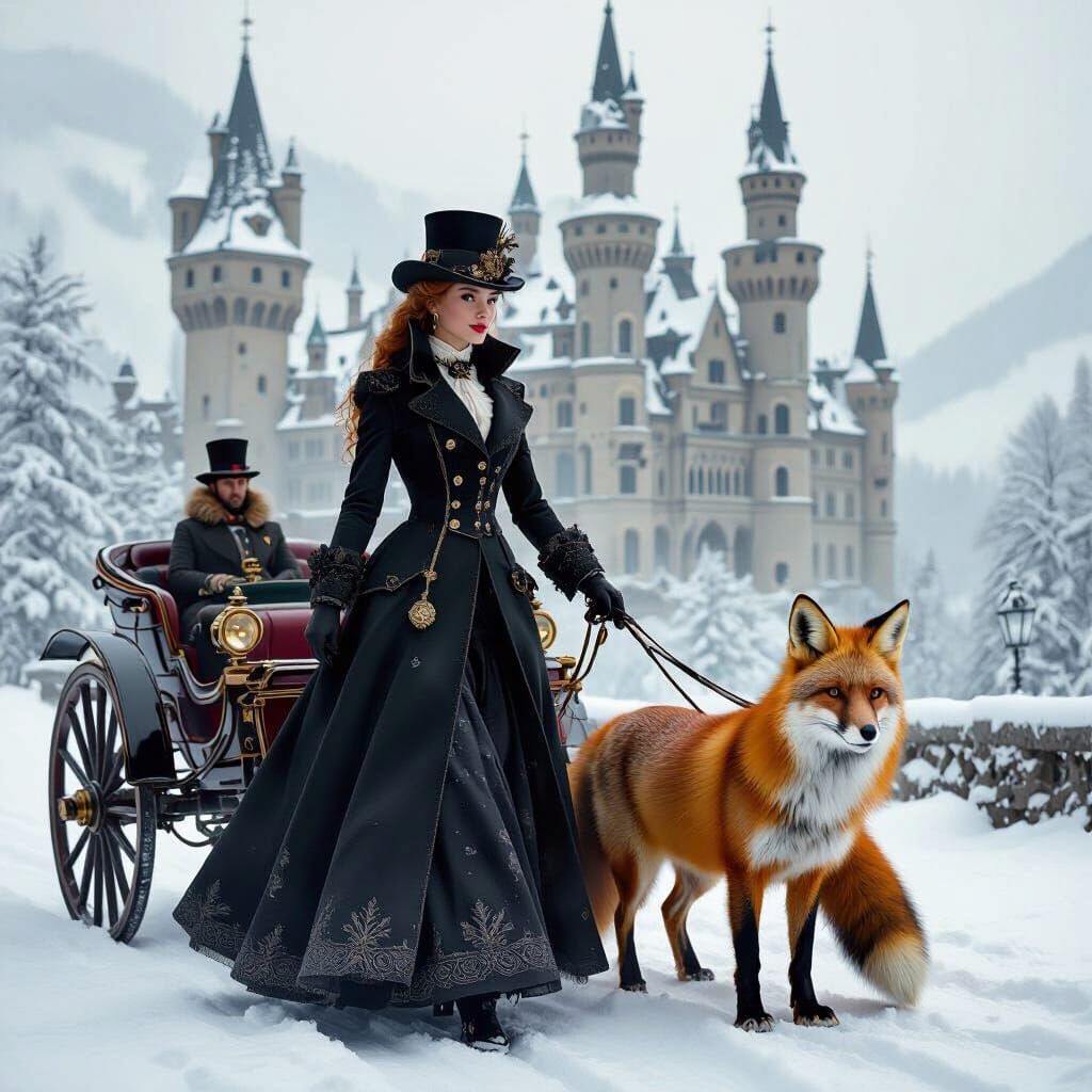 Steampunk Fox and Victorian Lady at Snowy Castle