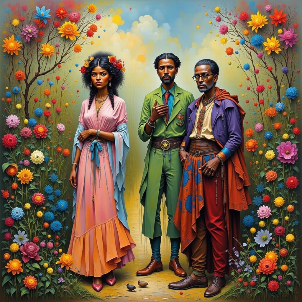 Elegant People Among Flowers in Dreamy Outdoor Scene