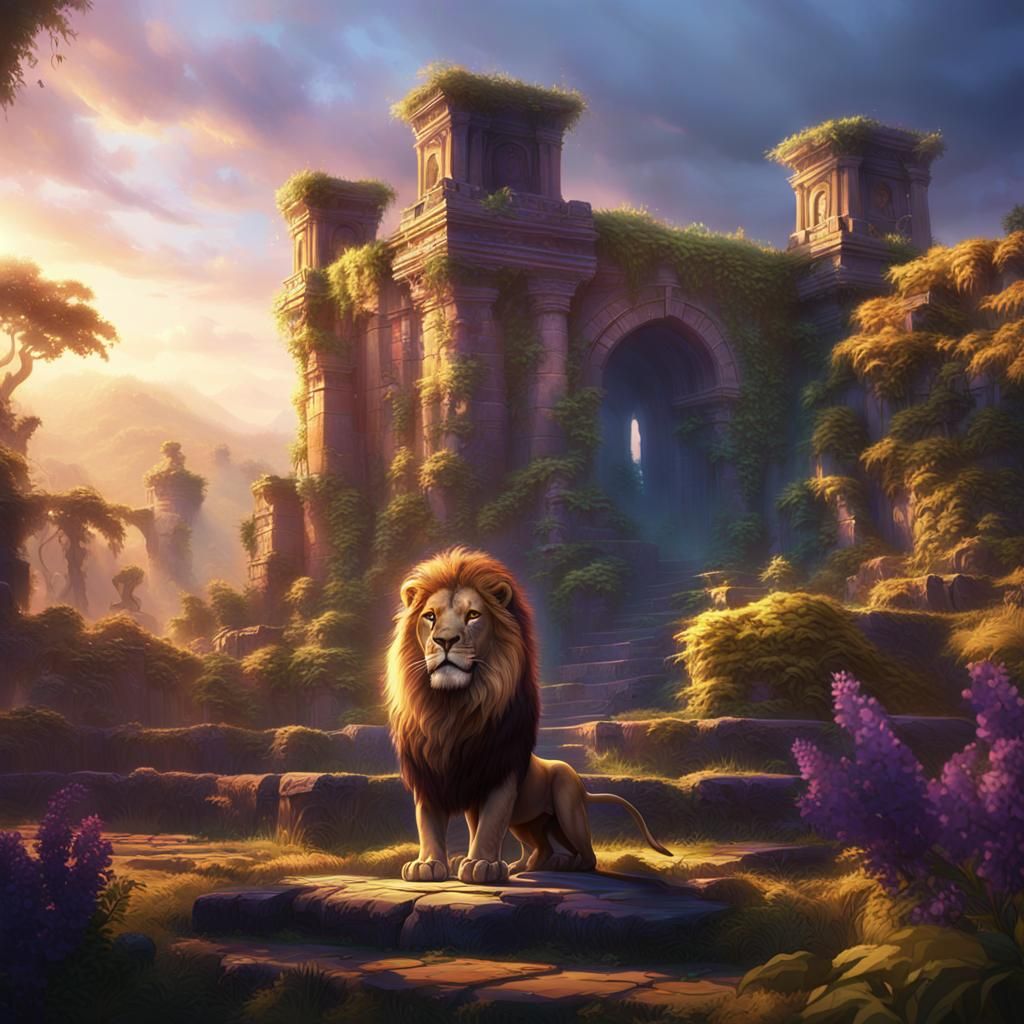 Regal Lion on Ancient Ruins: Fantasy Concept Art