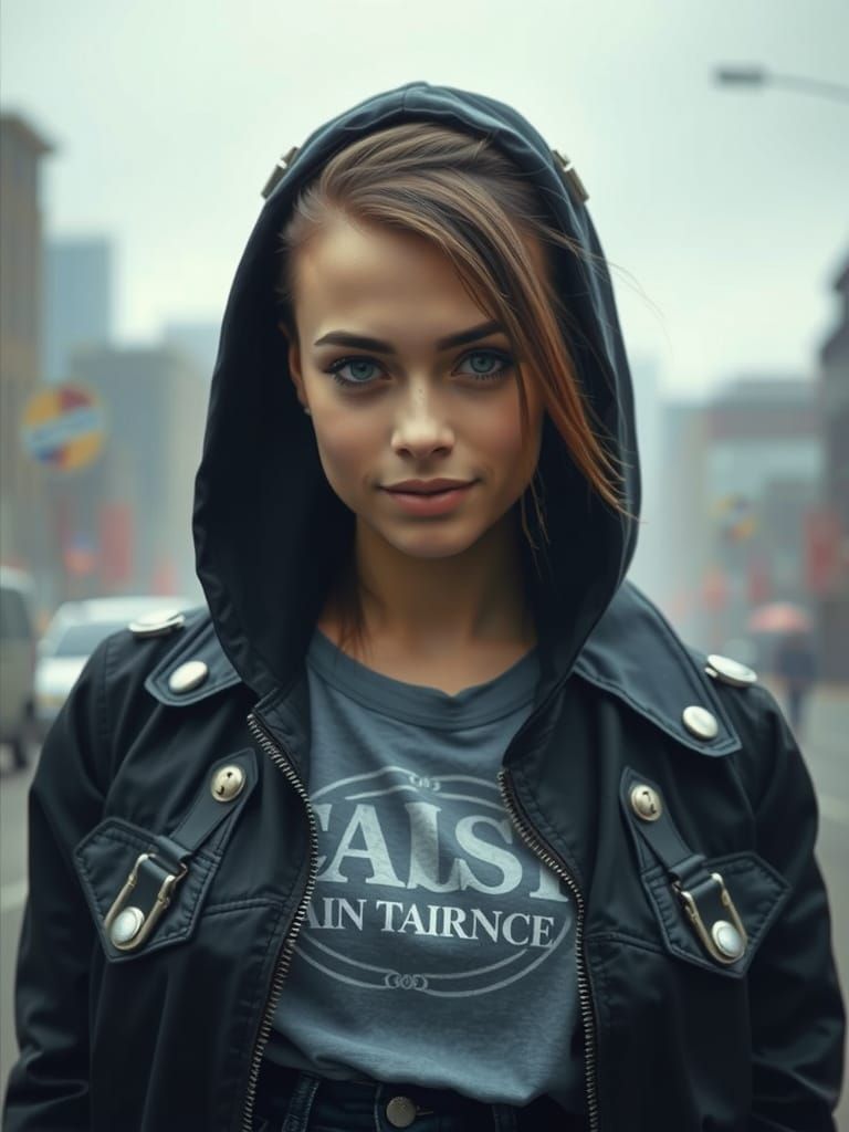 Elegant Skinhead Woman in Modern Metropolis