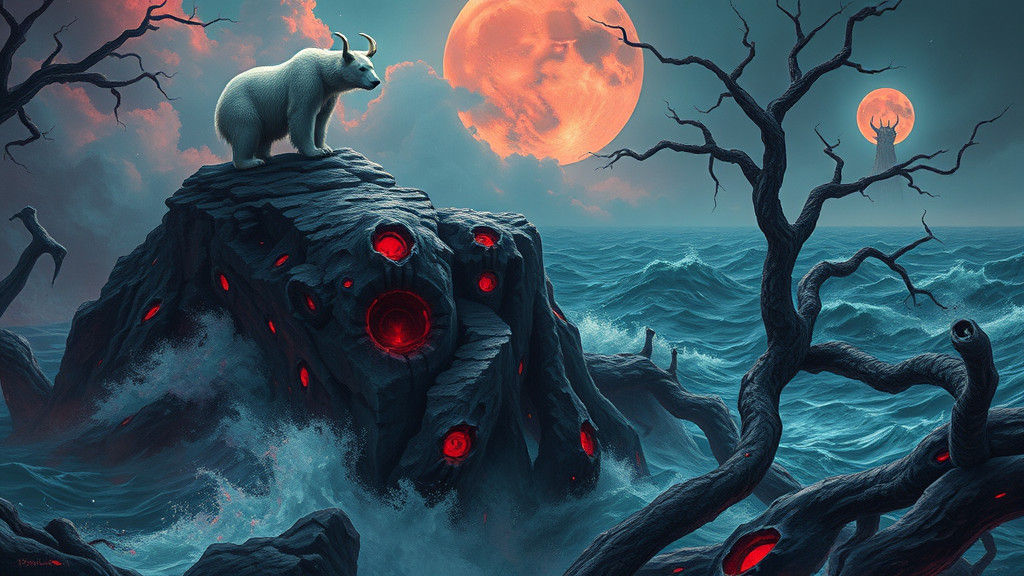 Surreal Viking Polar Bear on Crimson Cliffs