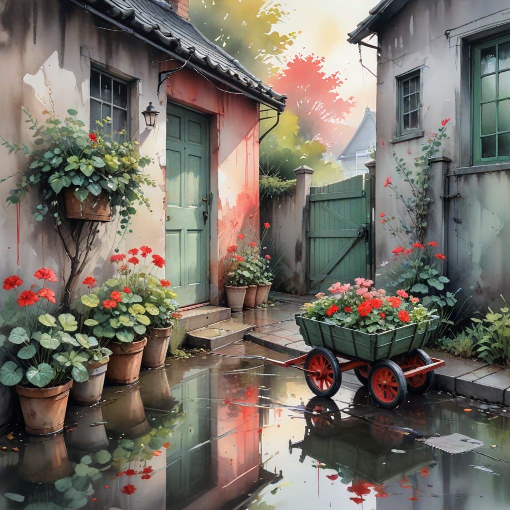 Quiet Alleyway at Dusk in Sumi-e and Watercolor