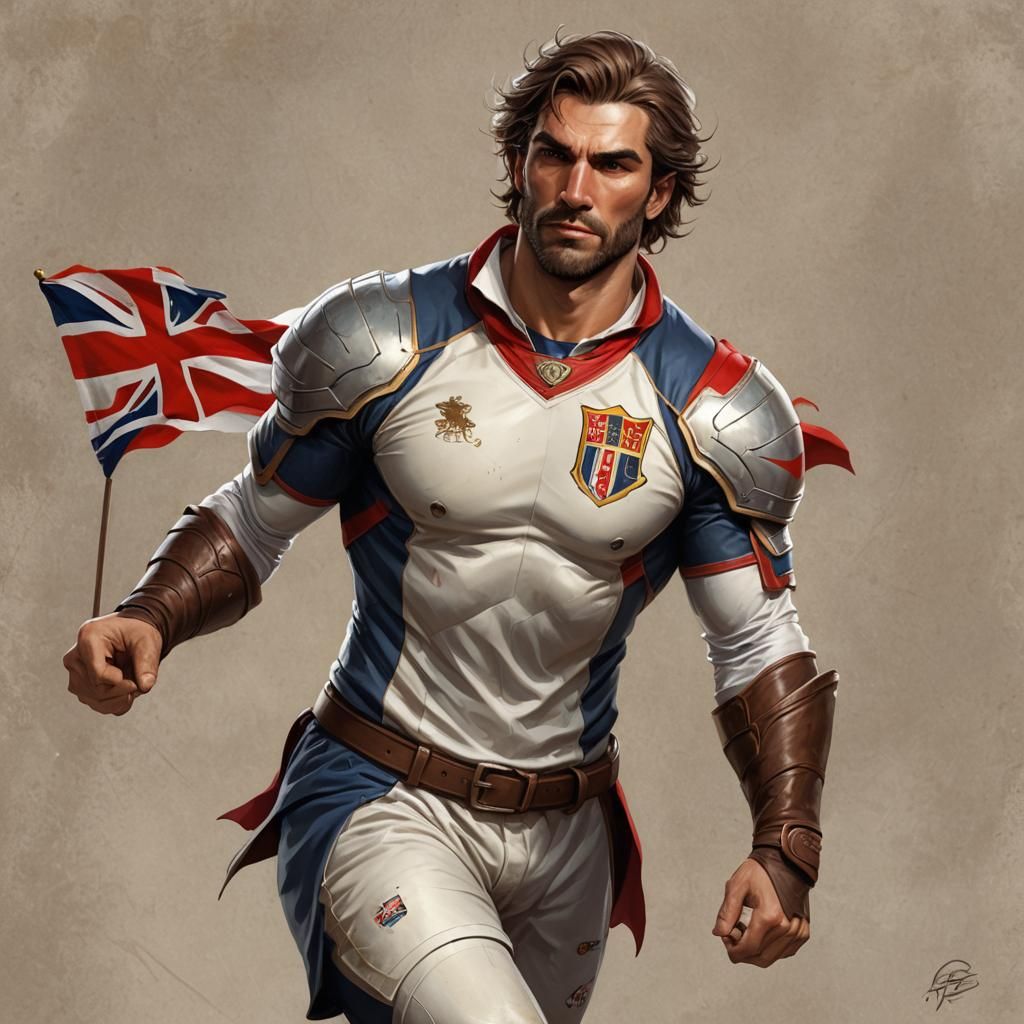 Rugged Paladin Soccer Player with English Flag