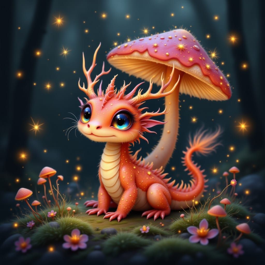Dragon Sits Under Whimsical Mushroom