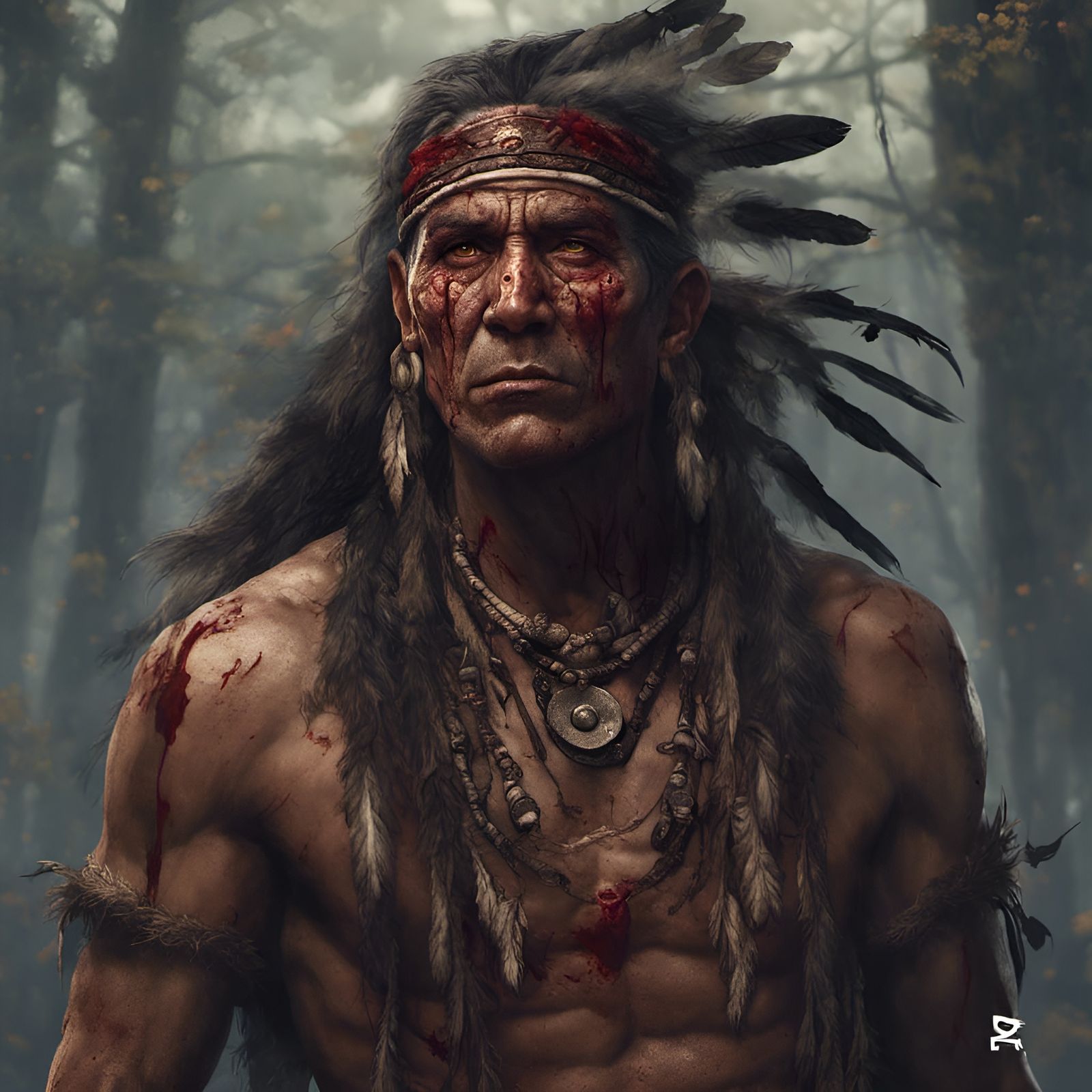 Bloodied Native American Druid Portrait in Dark Fantasy Styl...
