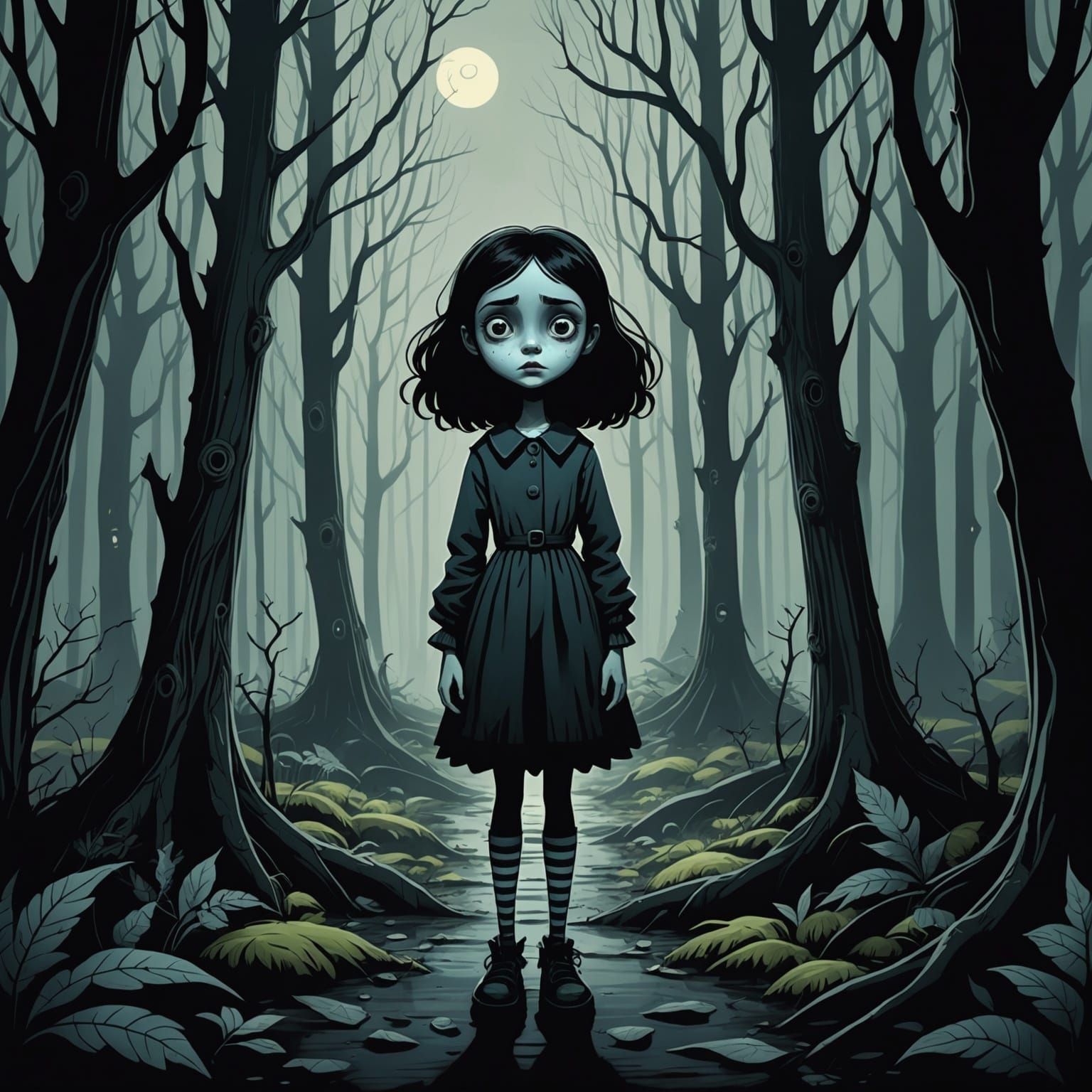 Gloomy Girl in Creepy Forest, Tim Burton Cartoon